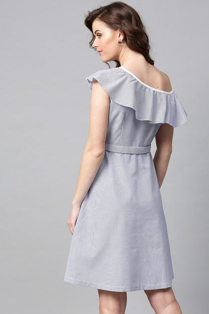 Women's Blue Stripes One Shoulder Dress