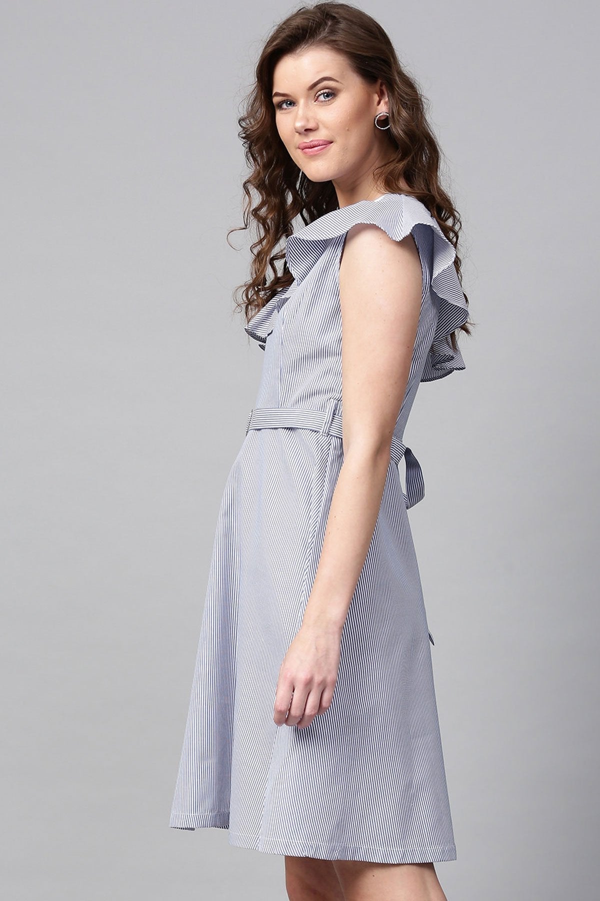 Women's Blue Stripes One Shoulder Dress