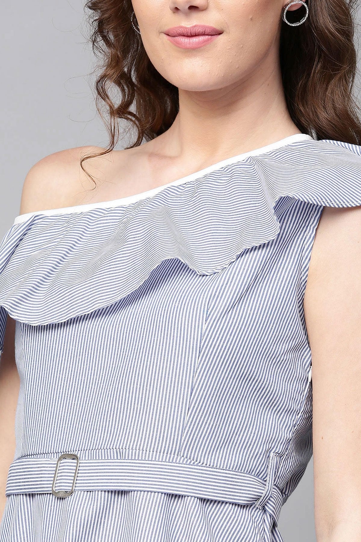 Women's Blue Stripes One Shoulder Dress