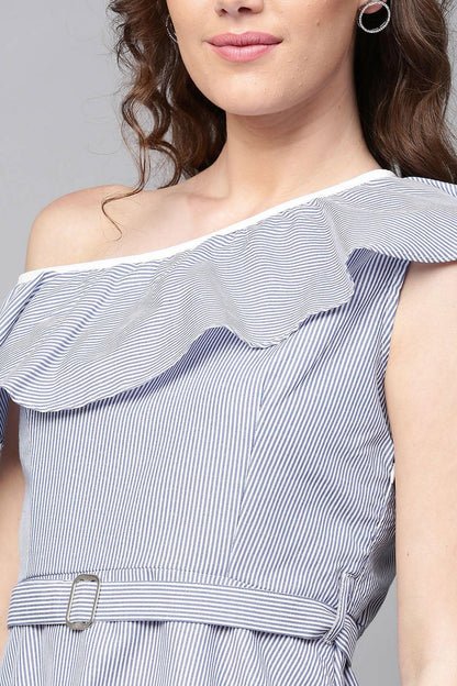 Women's Blue Stripes One Shoulder Dress