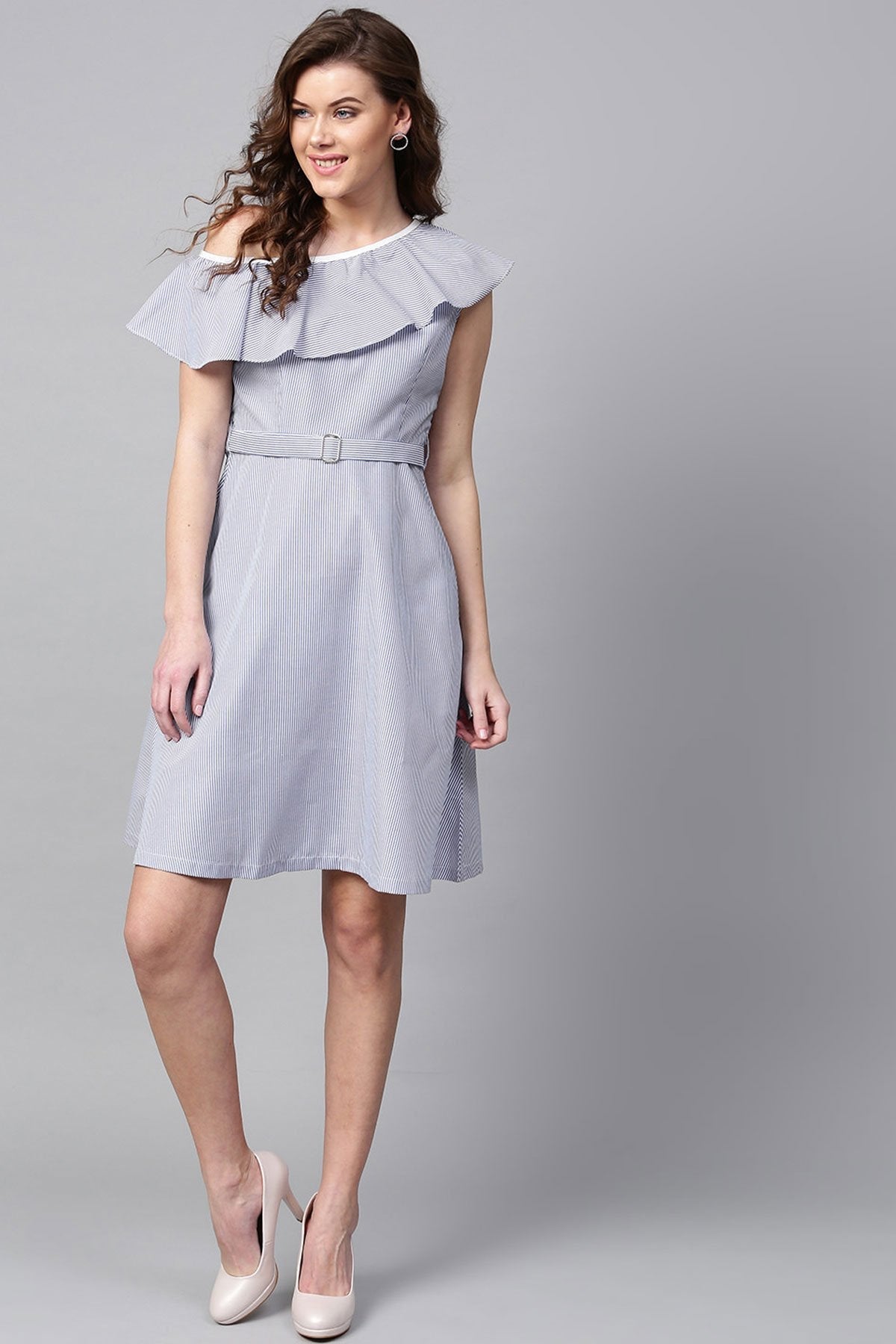 Women's Blue Stripes One Shoulder Dress