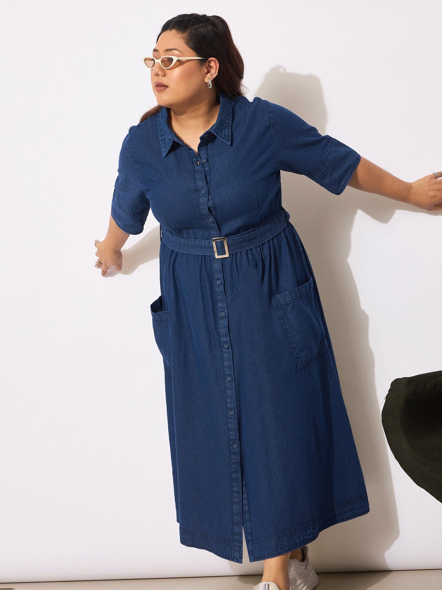 Women's Navy Tencel Front Button Midi Dre