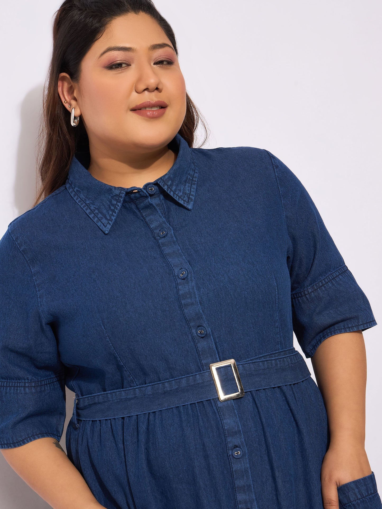Women's Navy Tencel Front Button Midi Dre