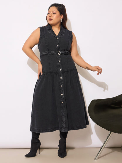 Women's Black Tencel Front Open Sleeveless Flared Dre