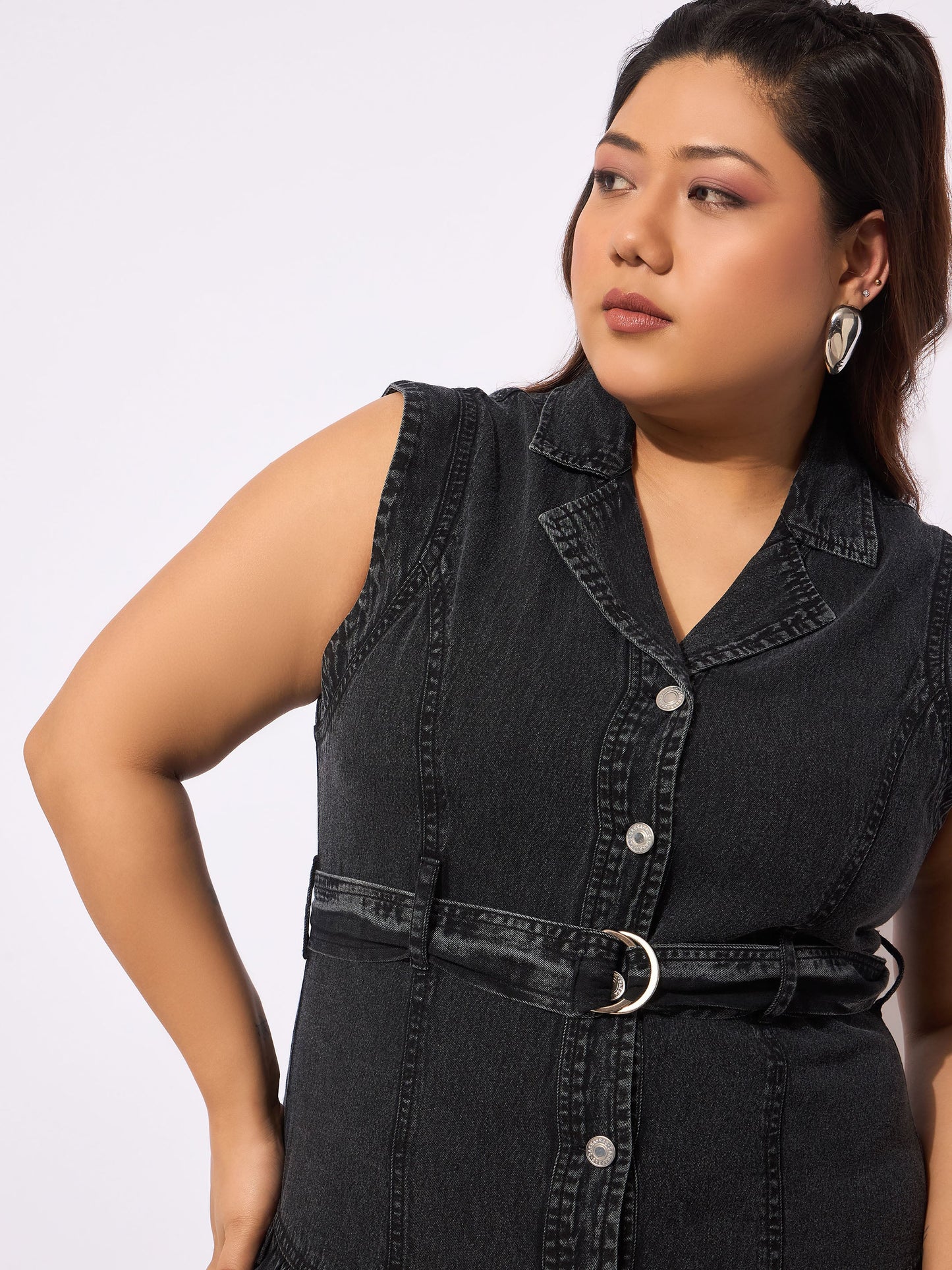 Women's Black Tencel Front Open Sleeveless Flared Dre