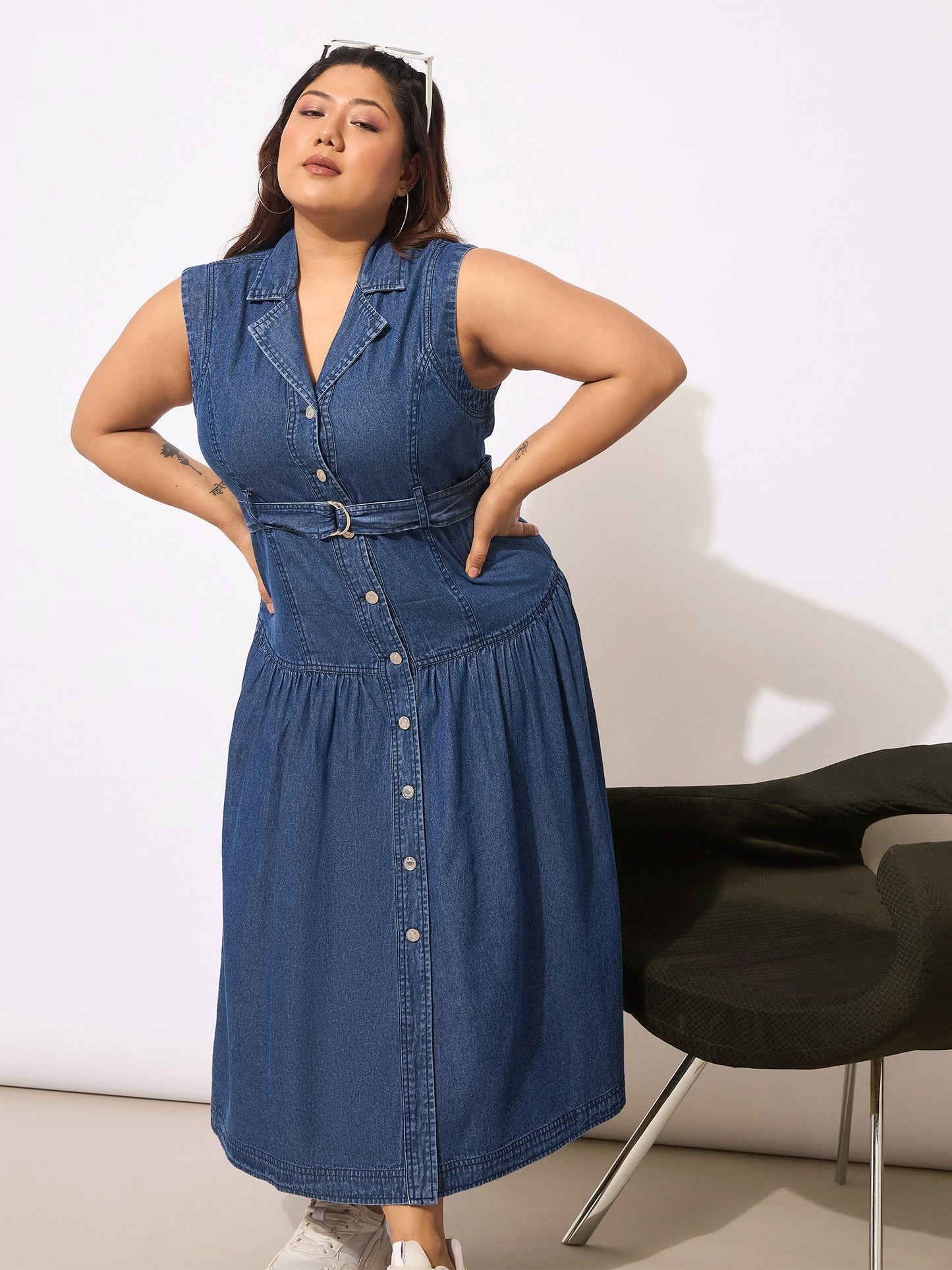 Women's Navy Tencel Front Open Sleeveless Flared Dre