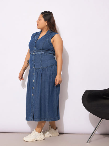 Women's Navy Tencel Front Open Sleeveless Flared Dre