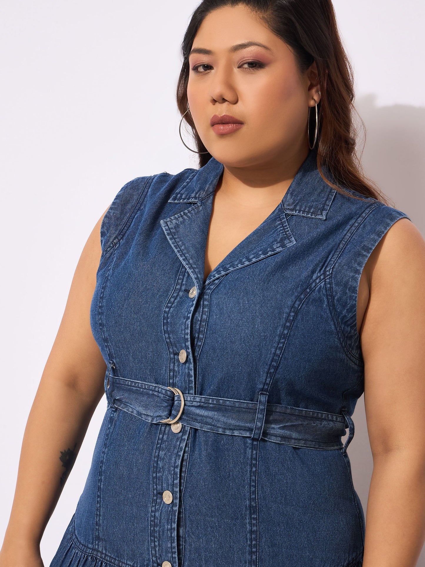 Women's Navy Tencel Front Open Sleeveless Flared Dre