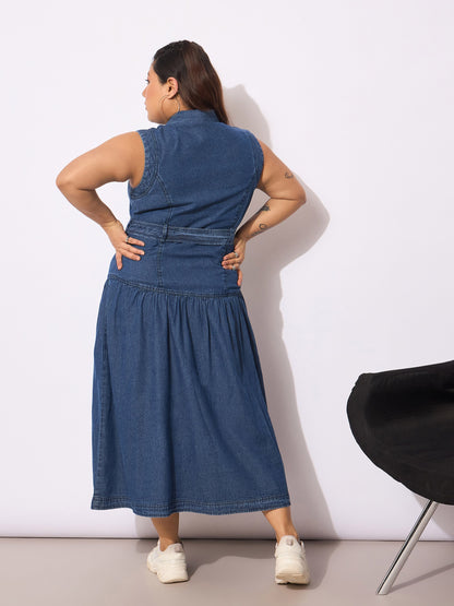 Women's Navy Tencel Front Open Sleeveless Flared Dre