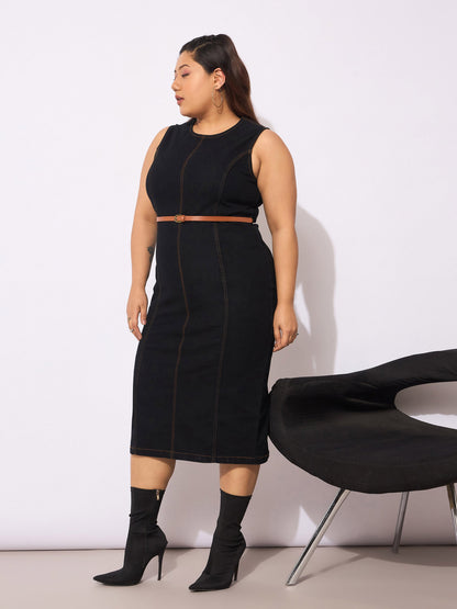 Women's Black Denim Sleeveless Belted Bodycon Dre