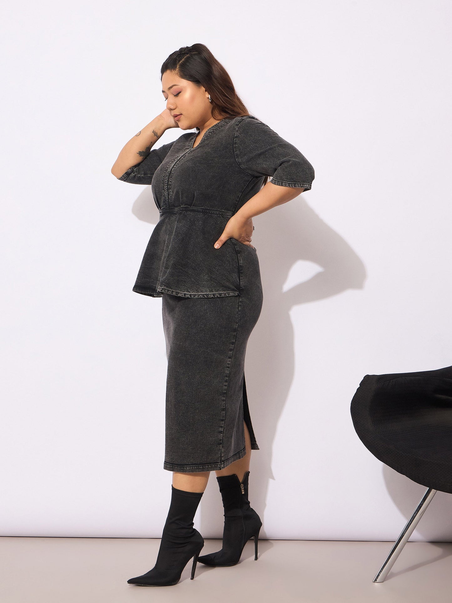 Women's Black Denim V Neck Front Peplum Dre