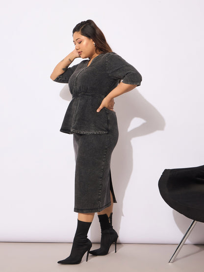 Women's Black Denim V Neck Front Peplum Dre