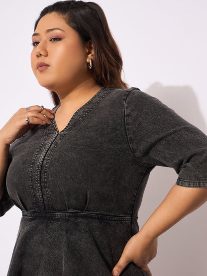 Women's Black Denim V Neck Front Peplum Dre