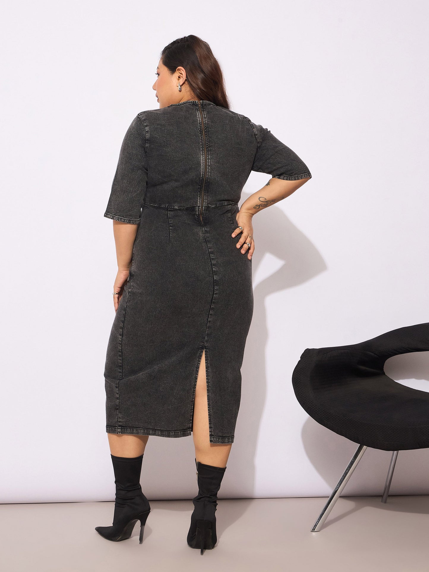 Women's Black Denim V Neck Front Peplum Dre