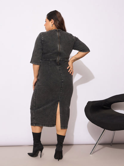 Women's Black Denim V Neck Front Peplum Dre