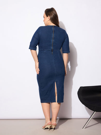 Women's Blue Denim V Neck Front Peplum Dre