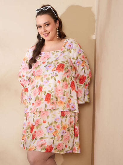 Women's Beige Floral Full Sleeves Short Dre