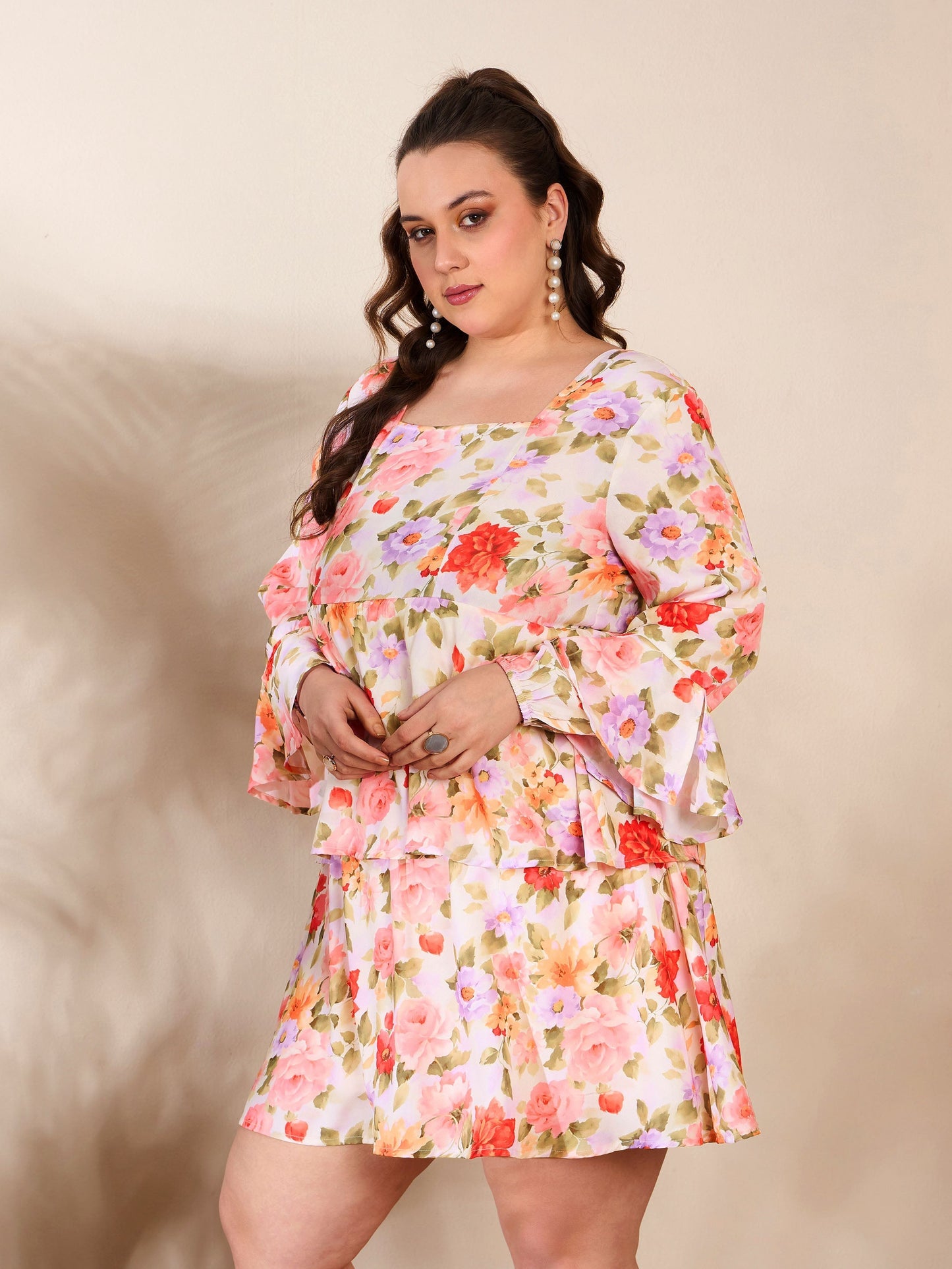 Women's Beige Floral Full Sleeves Short Dre
