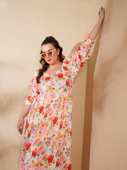 Women's Beige Floral Rouching Sleeves Midi Dre
