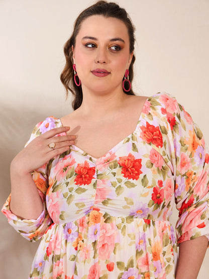 Women's Beige Floral Rouching Sleeves Midi Dre