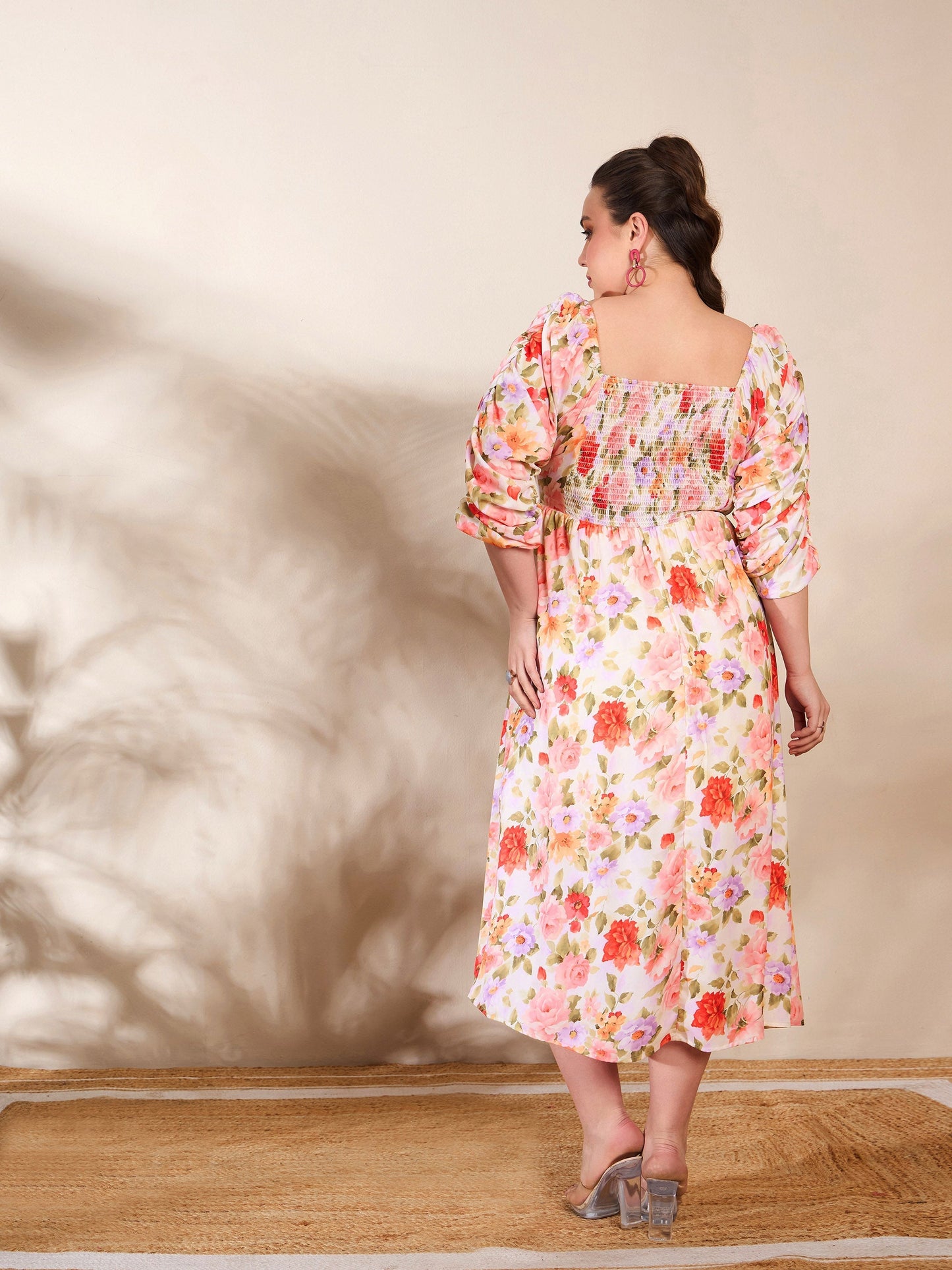 Women's Beige Floral Rouching Sleeves Midi Dre