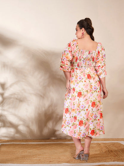 Women's Beige Floral Rouching Sleeves Midi Dre