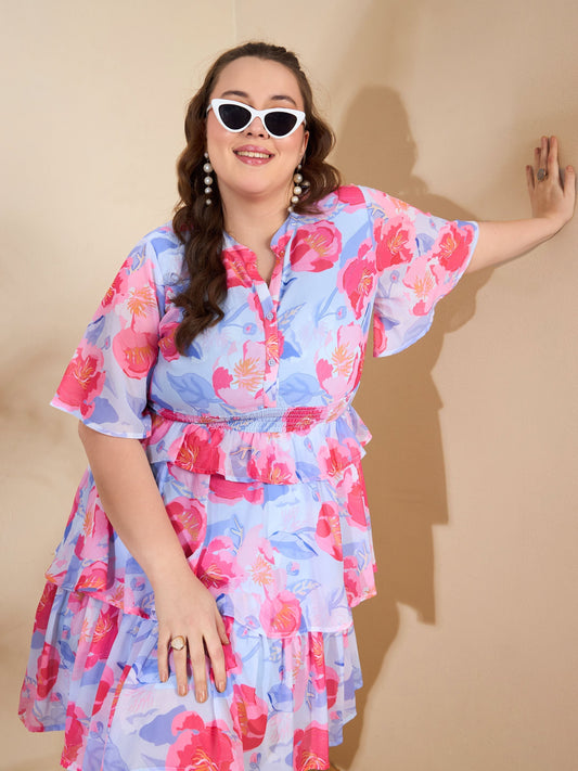 Women's Blue Floral Tired Knee Length Dre