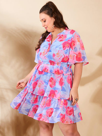 Women's Blue Floral Tired Knee Length Dre