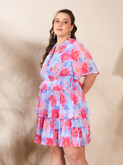 Women's Blue Floral Tired Knee Length Dre