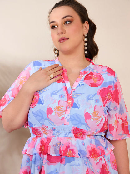 Women's Blue Floral Tired Knee Length Dre