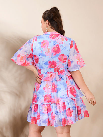 Women's Blue Floral Tired Knee Length Dre