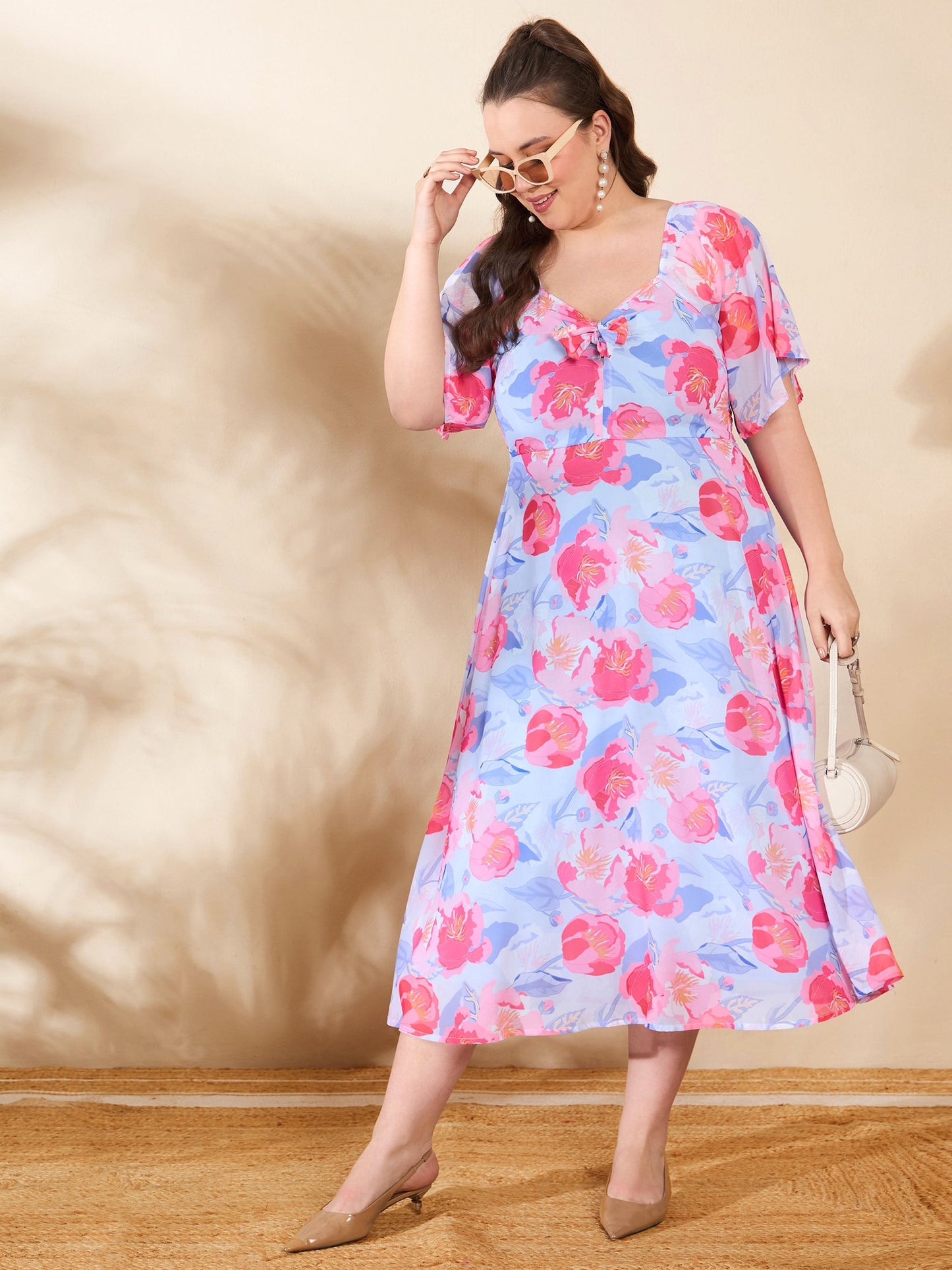 Women's Blue Floral Front Tie Up Detail Midi Dre
