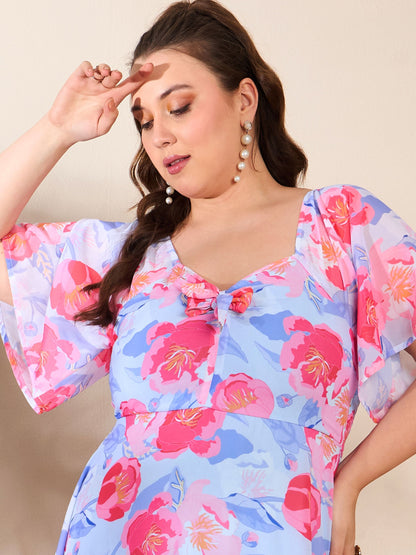 Women's Blue Floral Front Tie Up Detail Midi Dre