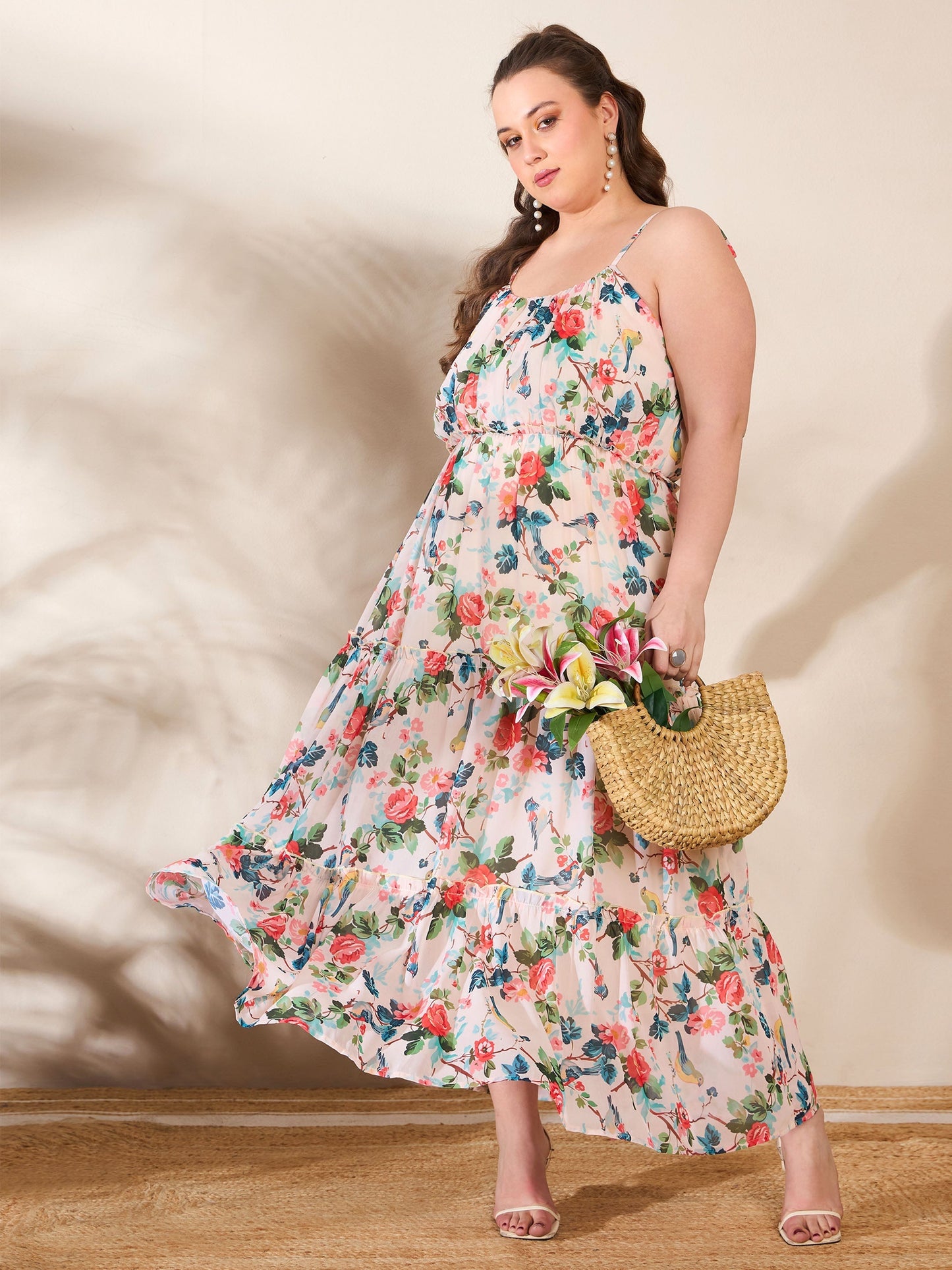 Women's Beige Floral Strappy Tired Maxi Dre