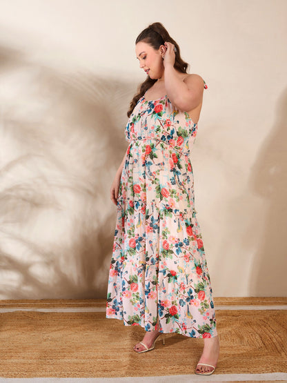Women's Beige Floral Strappy Tired Maxi Dre
