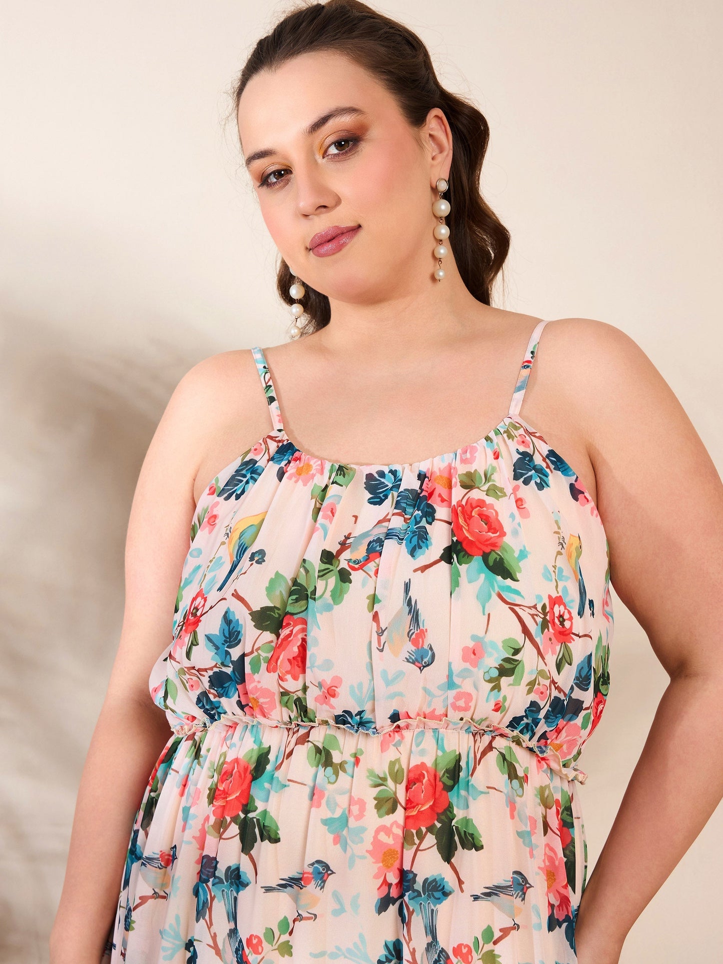 Women's Beige Floral Strappy Tired Maxi Dre