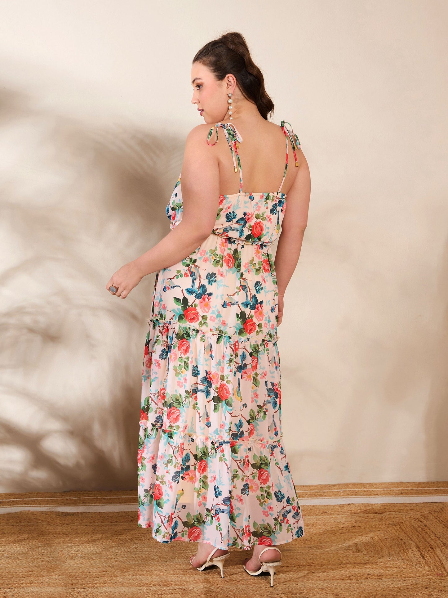 Women's Beige Floral Strappy Tired Maxi Dre