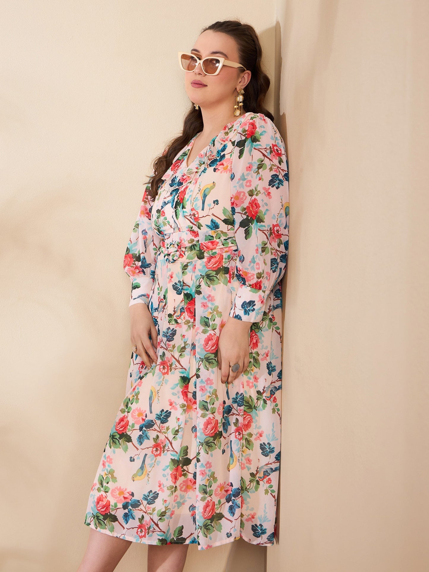 Women's Beige Floral Frill Neck Midi Dre