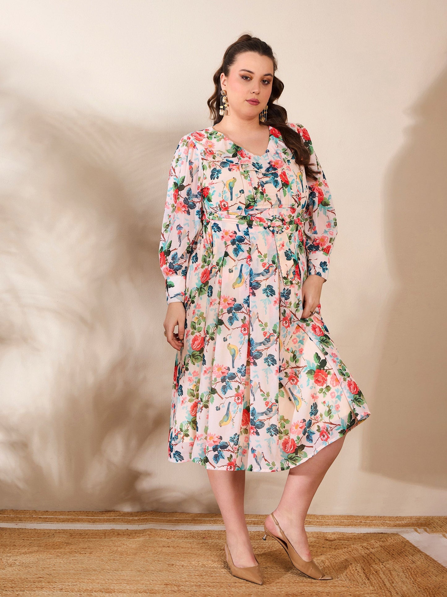 Women's Beige Floral Frill Neck Midi Dre