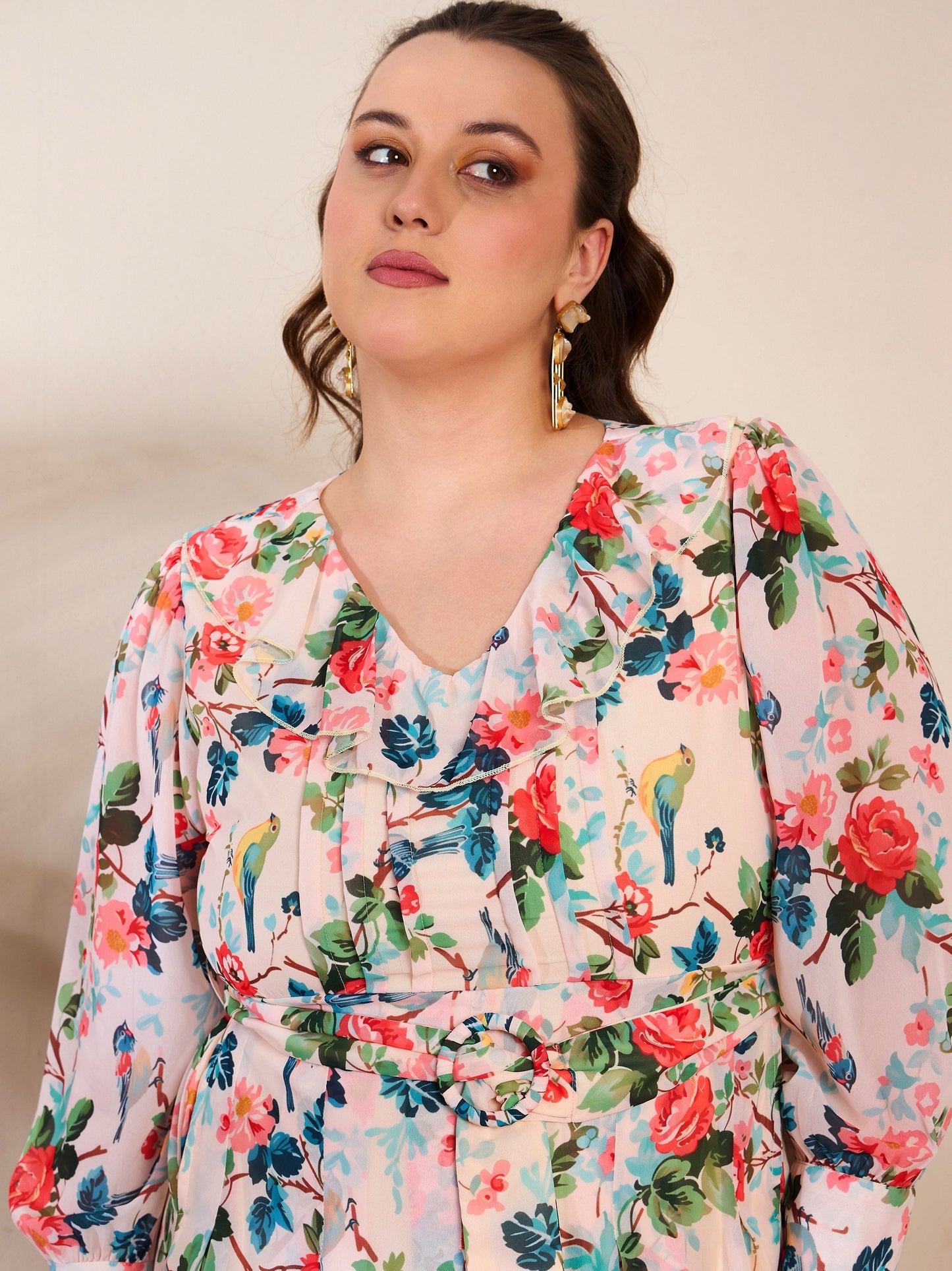 Women's Beige Floral Frill Neck Midi Dre