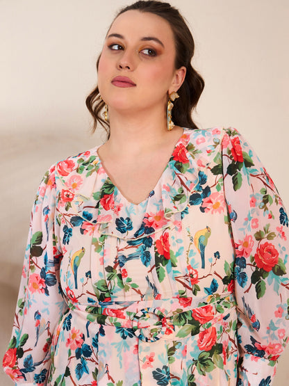 Women's Beige Floral Frill Neck Midi Dre