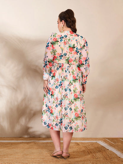 Women's Beige Floral Frill Neck Midi Dre