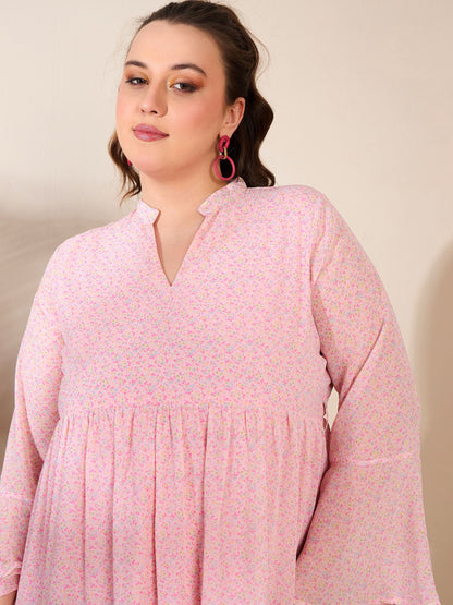 Women's Pink Ditsy Floral V Neck Knee Length Dre