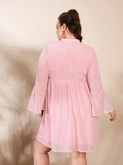 Women's Pink Ditsy Floral V Neck Knee Length Dre