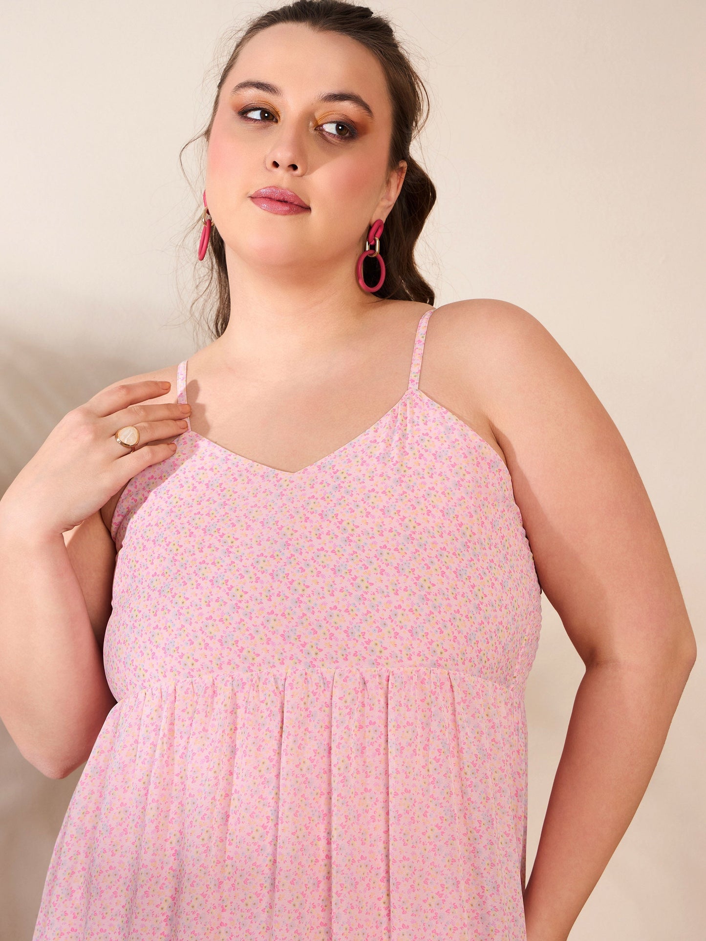 Women's Pink Ditsy Floral Strappy Maxi Dre