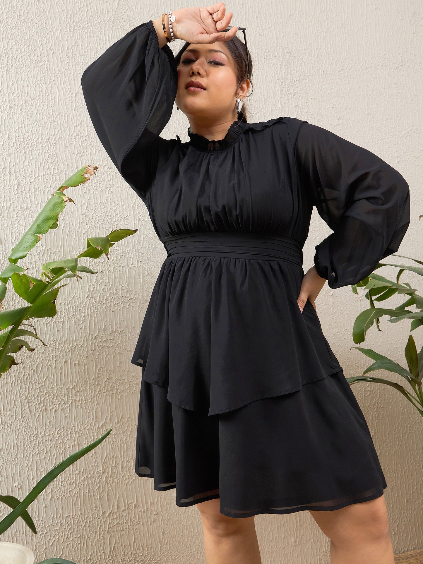 Women's Black Solid Frill Neck Short Dre