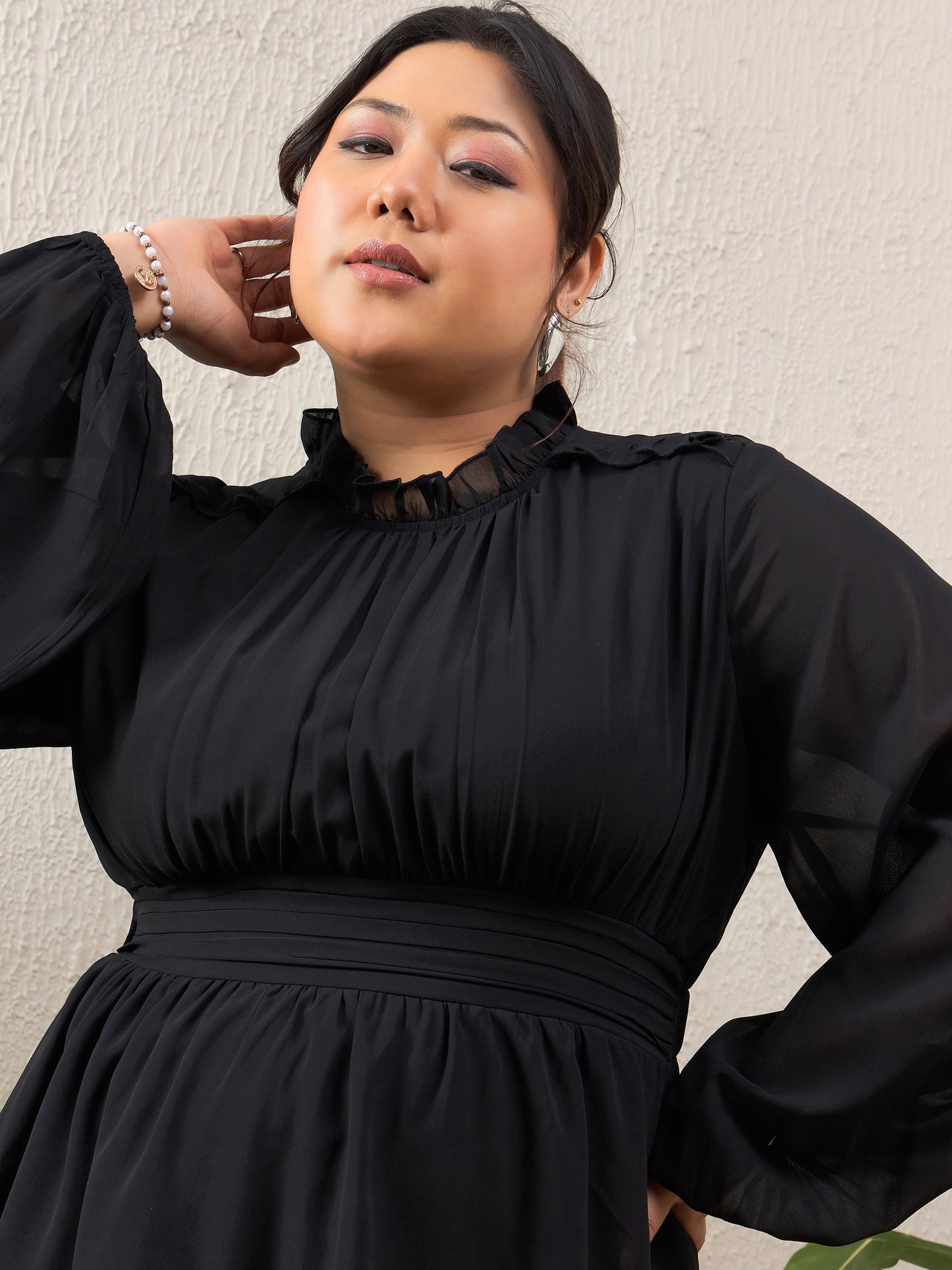Women's Black Solid Frill Neck Short Dre