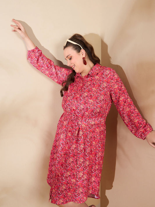 Women's Red Floral Knee Length Shirt Dre