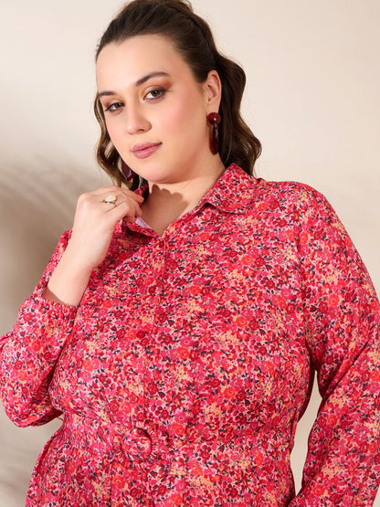 Women's Red Floral Knee Length Shirt Dre