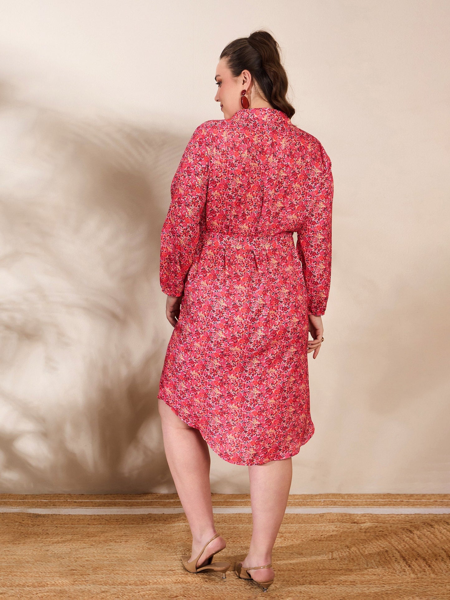 Women's Red Floral Knee Length Shirt Dre